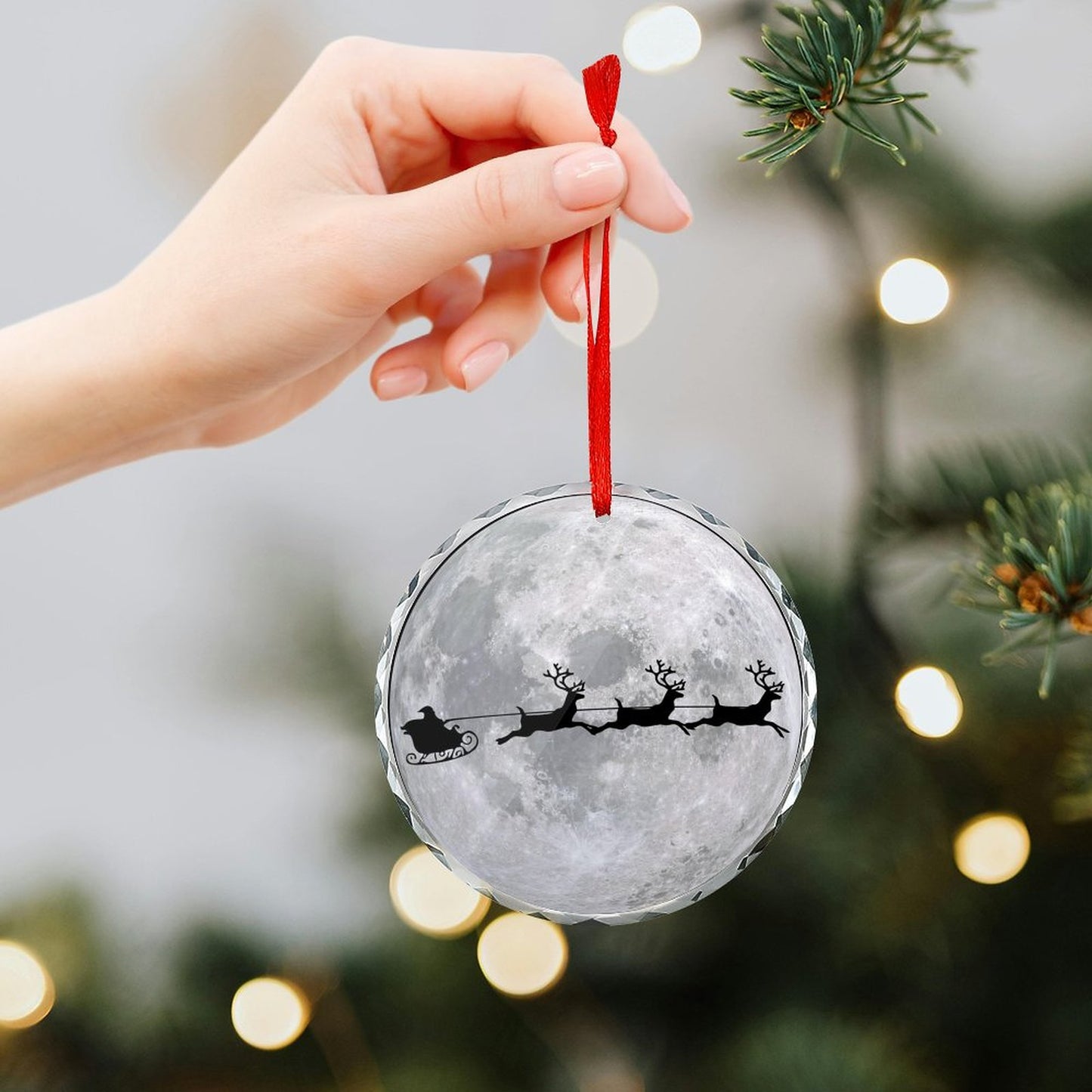 Glass Circular Ornament Pendant - Moon Santa Flying