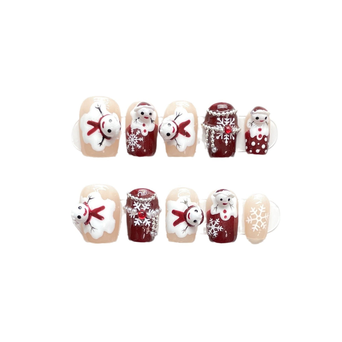 Red and Nude Christmas Press‑On Nails – 3D Snowman & Bear Cute Winter Design – Image 3
