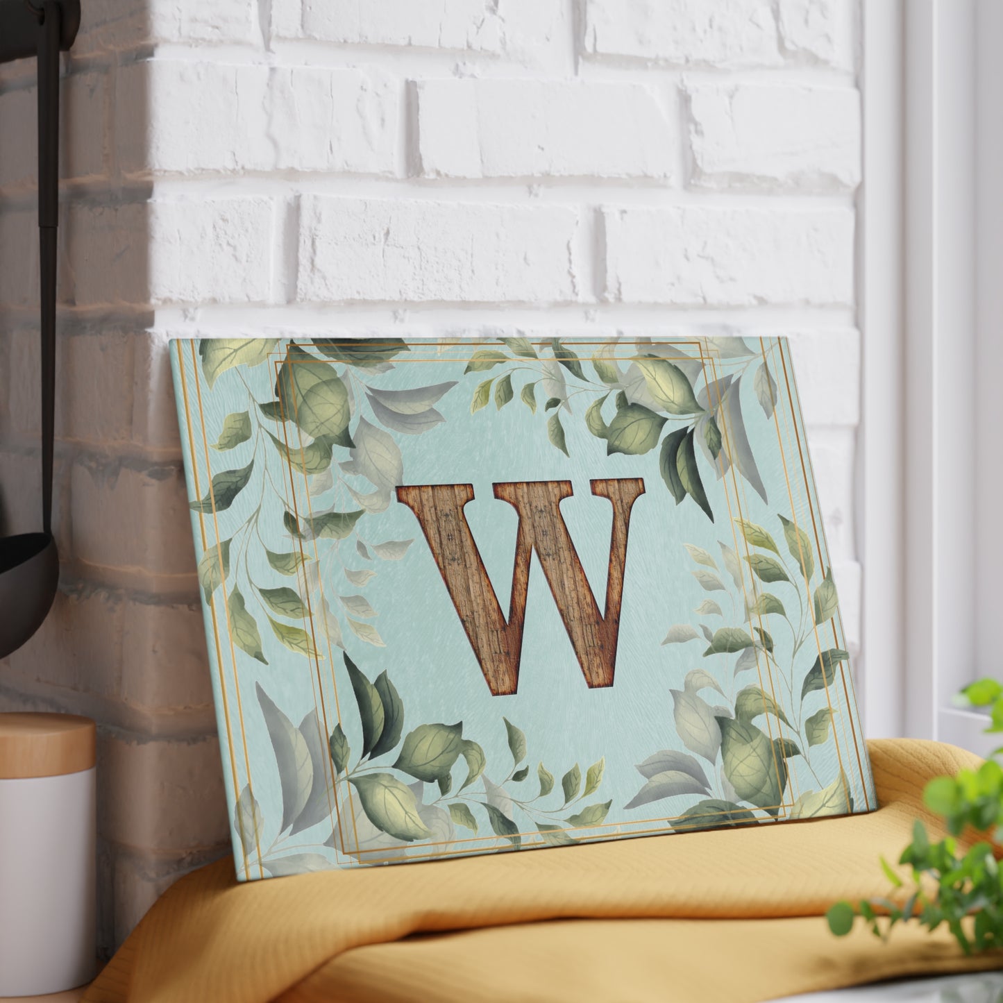 Monogram Glass Cutting Board — Rustic Wood 'W' with Greenery Border
