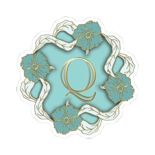 Monogram Q Floral Sticker — Gold Lettering on Teal Kiss-Cut Sticker