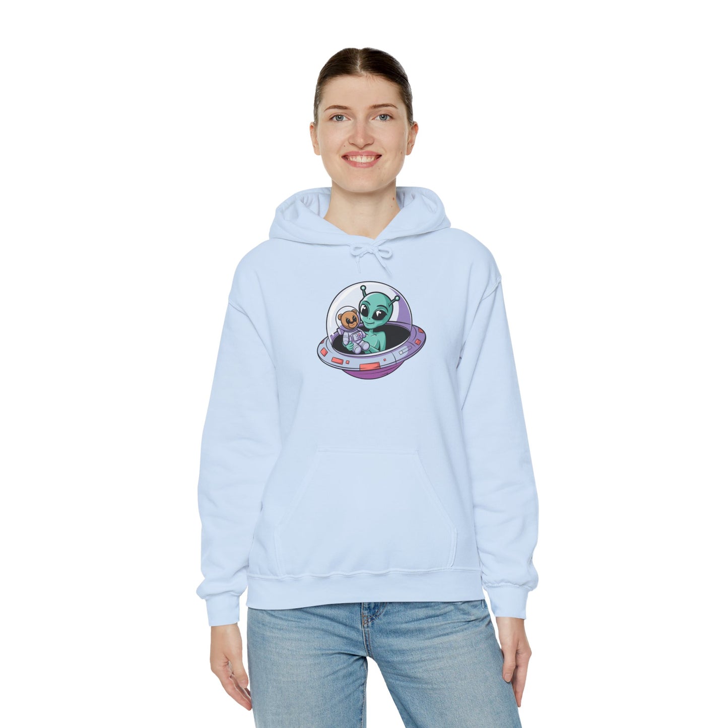 Cute Alien and Kid Hoodie, Unisex Heavy Blend Sweatshirt, UFO Lover Gift, Halloween Costume, Space-Themed Outfit, Birthday Present