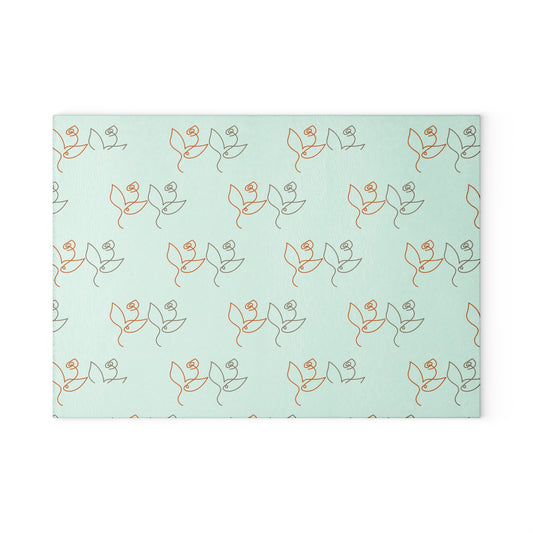 Floral Line Art Glass Cutting Board — Minimal Rose Pattern on Mint or White