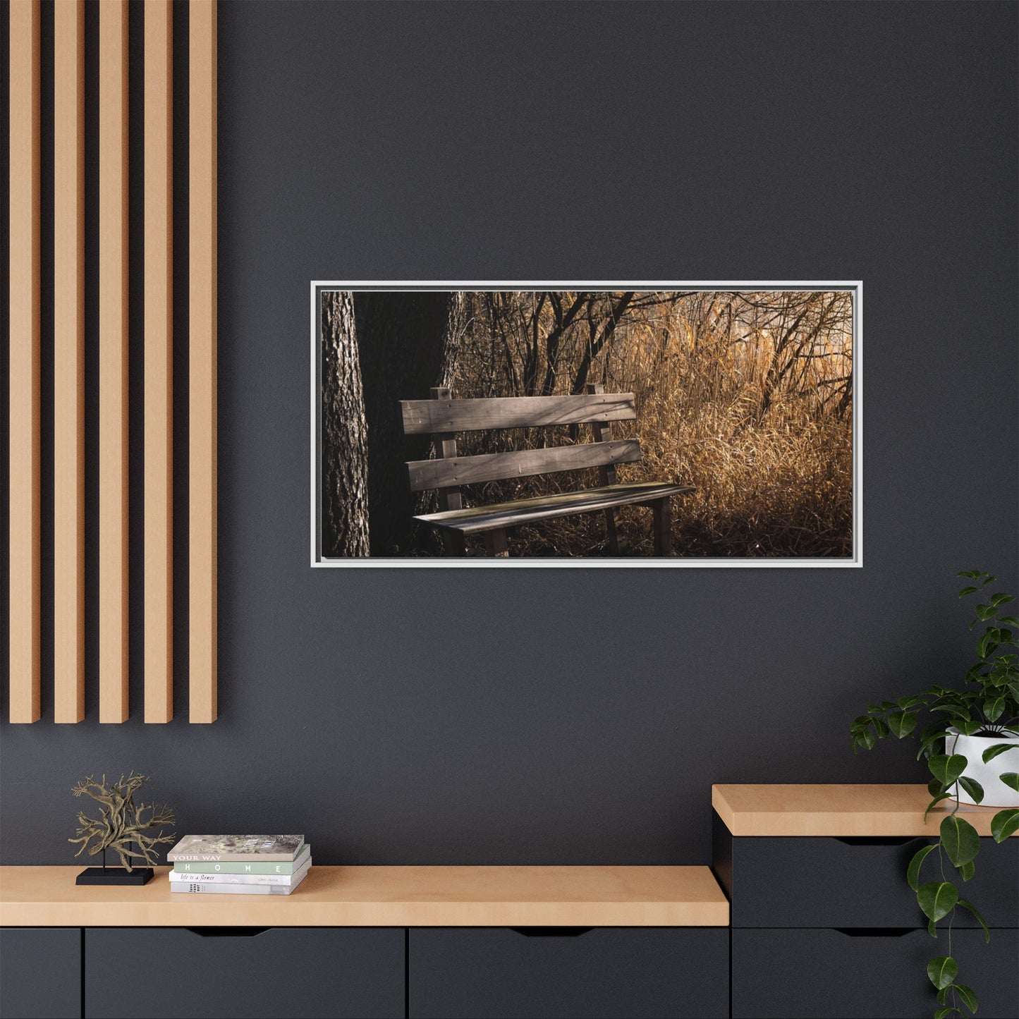 Framed Matte Canvas Print — Autumn Park Bench Photography