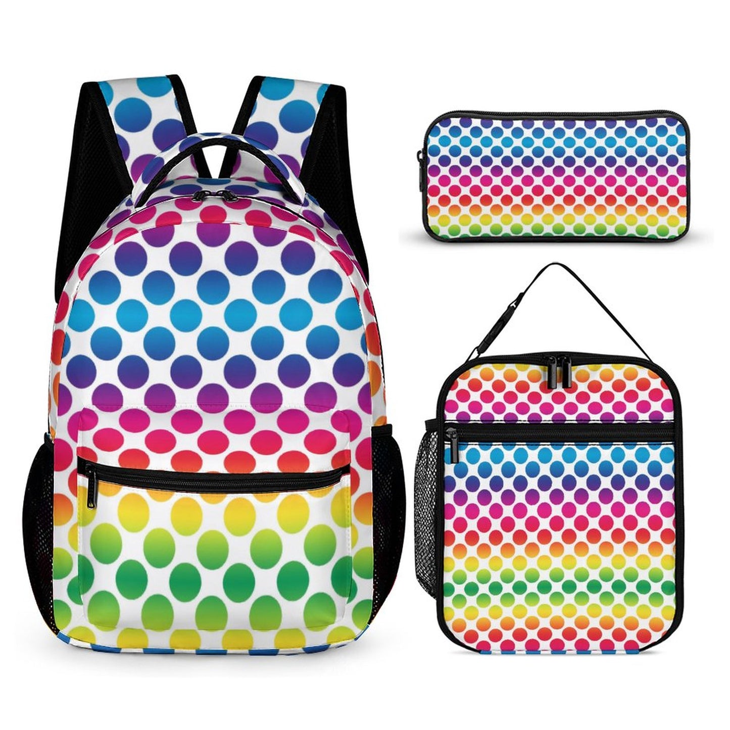 3 Pcs School Backpack Set for Kids (Backpack, Kid's Insulated Lunch Bag & Pencil Case Organizer) - rainbow dots