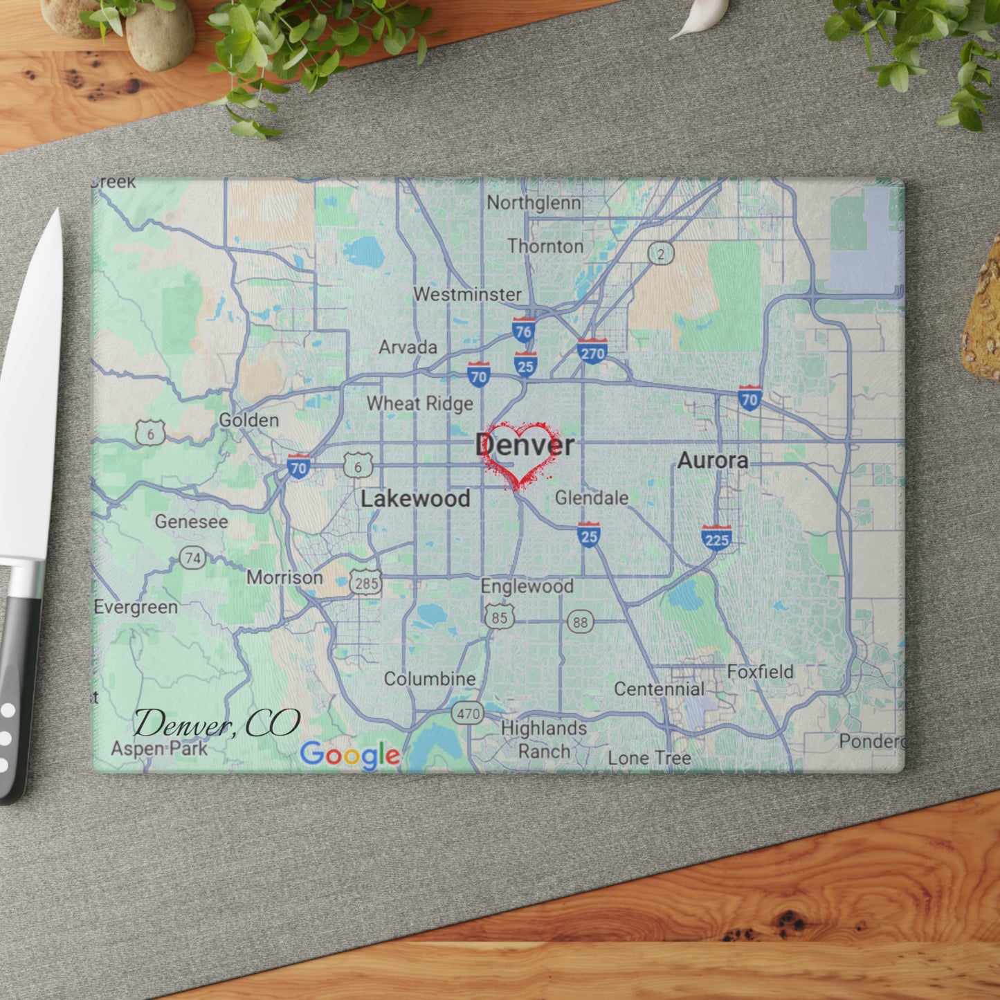 Personalized Denver Map Glass Cutting Board, Kitchen Decor, Housewarming Gift, Wedding Gift, Unique Gift for Chefs, Culinary Lover