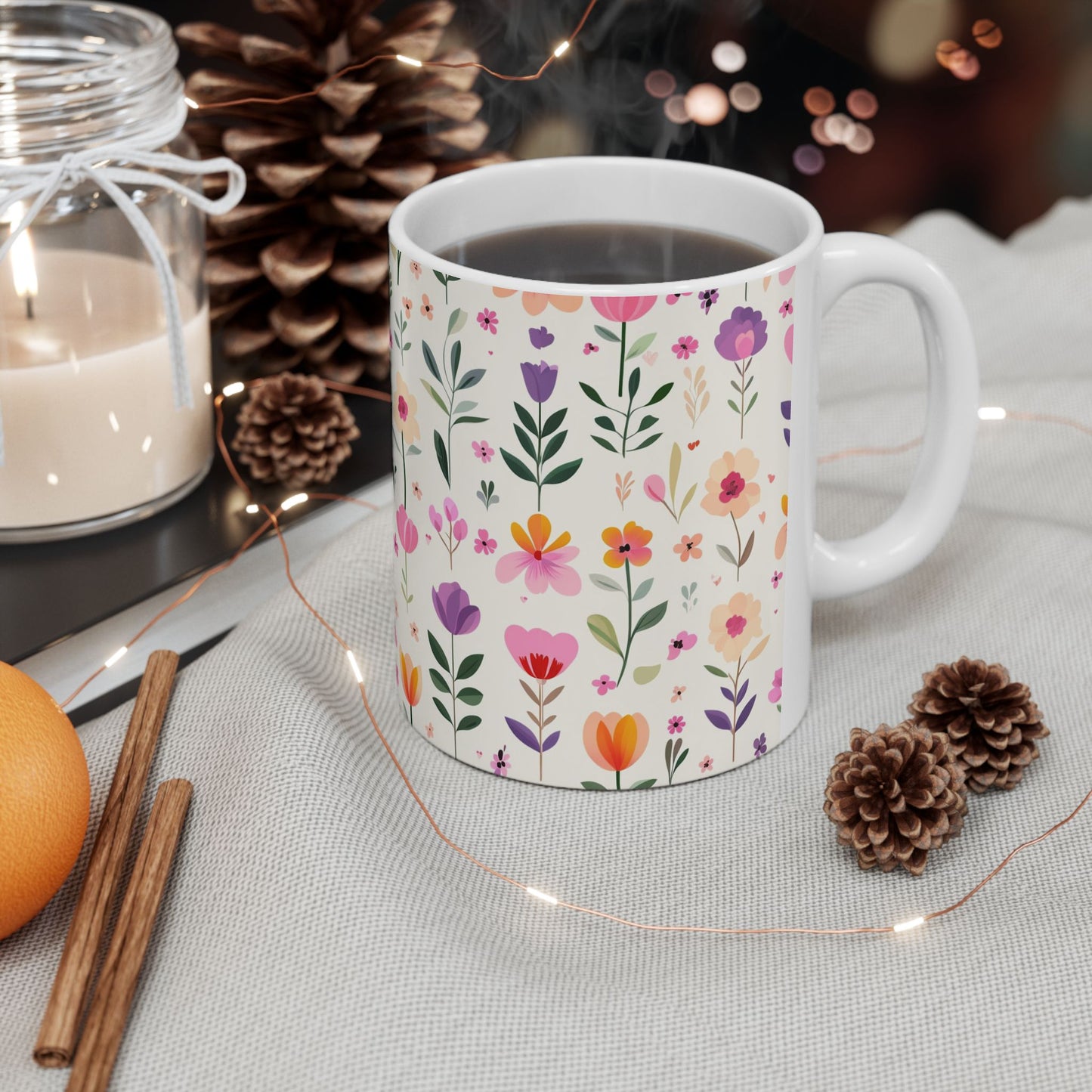 Floral Pattern Ceramic Mug — Pink Spring Flowers 11oz & 15oz