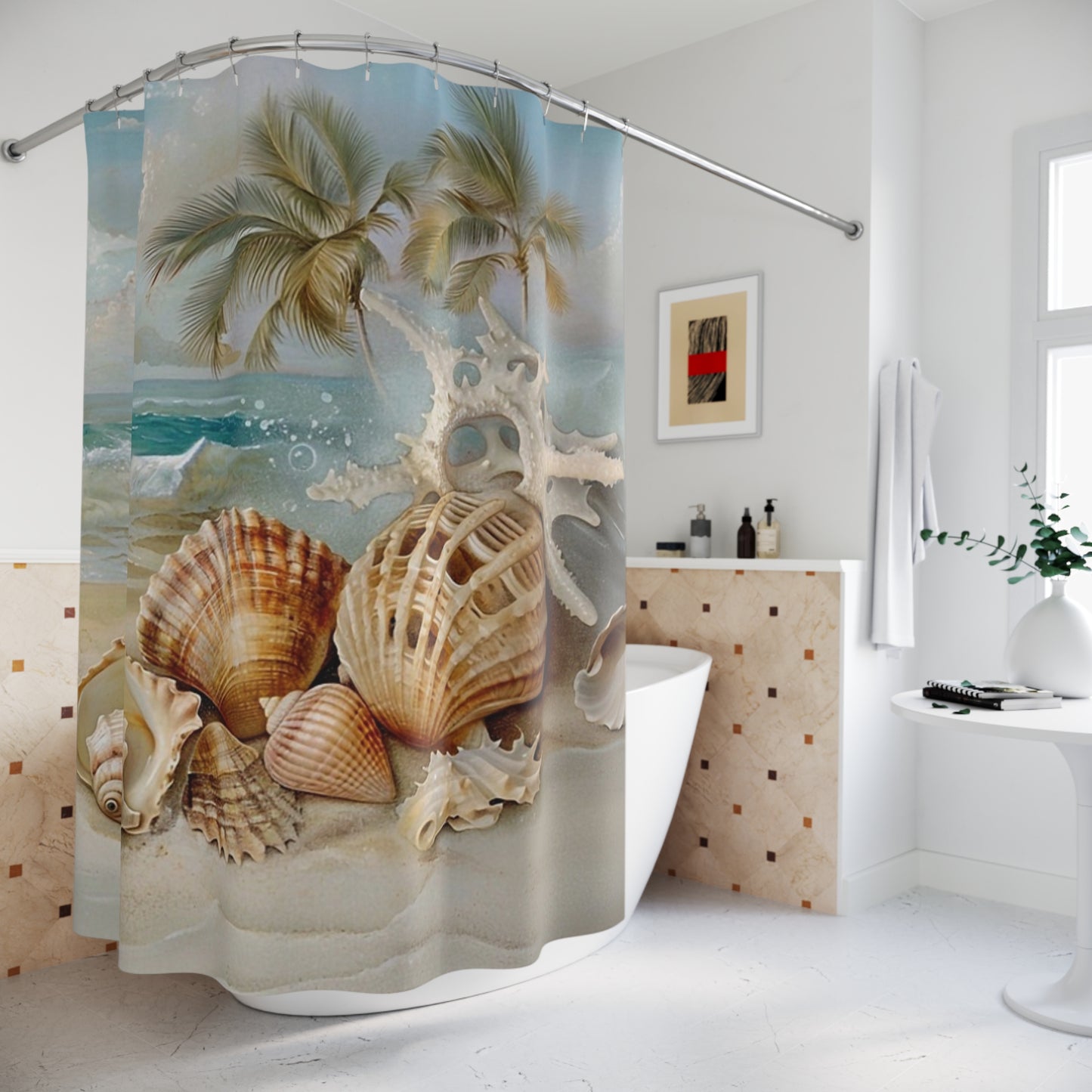 Seashell Beach Shower Curtain – Tropical Palm Coastal Bathroom Décor