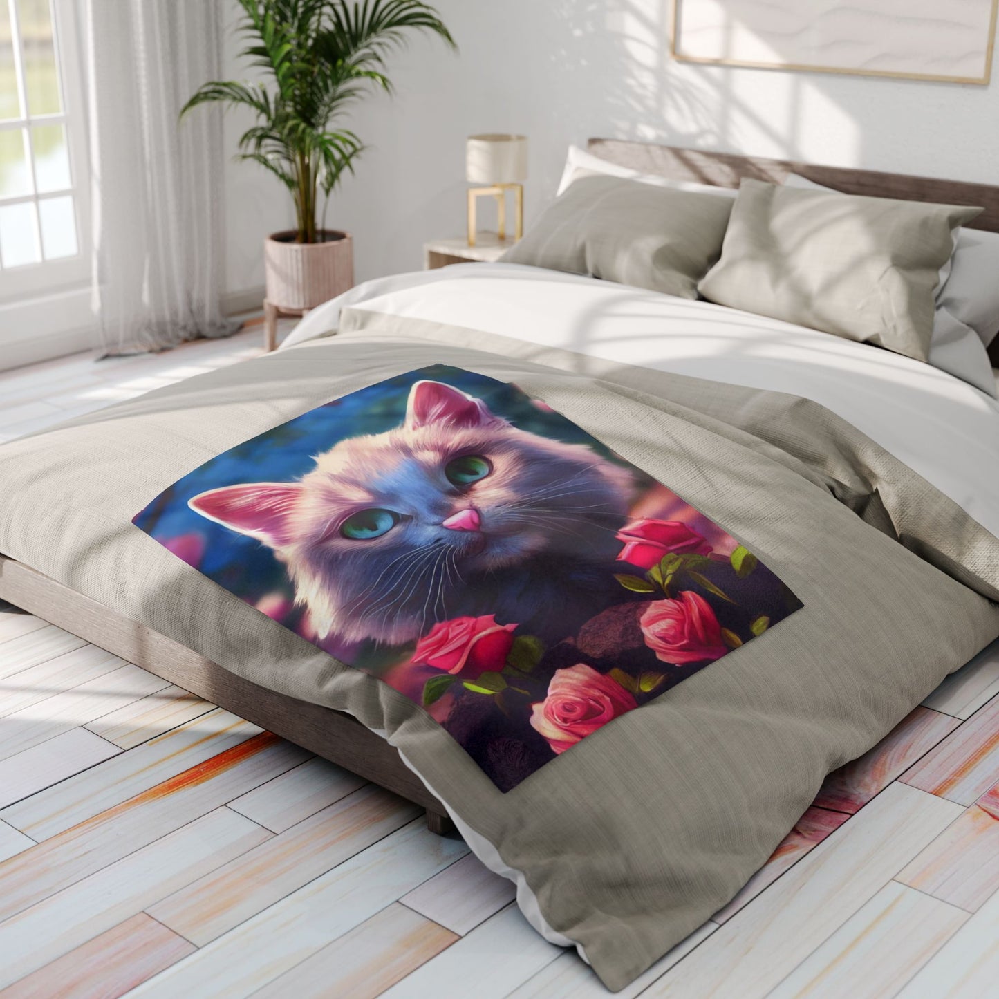 Cozy Cat-Themed Fleece Blanket, Cute Cat Gift, Floral Throw Blanket, Pet Lover Decor, Cat Lover Gift, Home Comforts