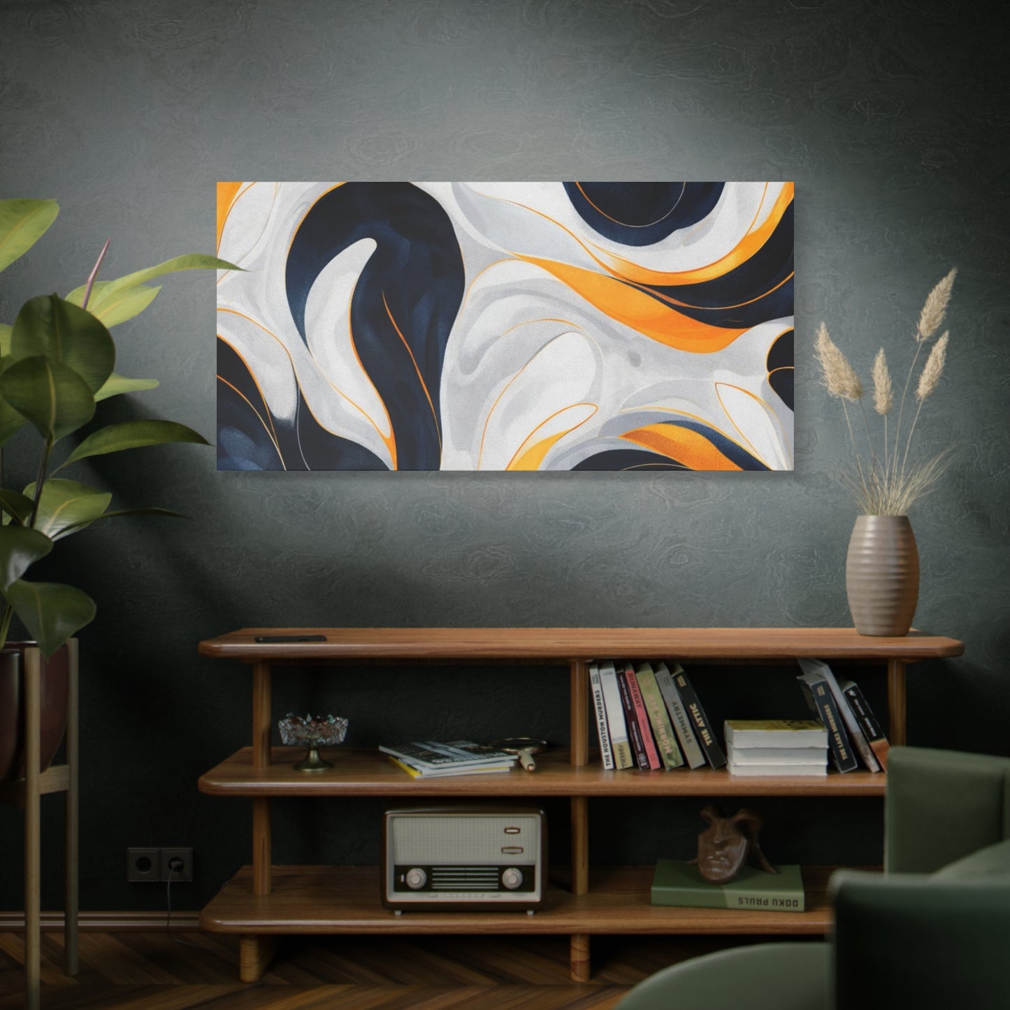 Abstract Fluid Art Matte Canvas Print — Navy, Gold & White Stretched Wall Art