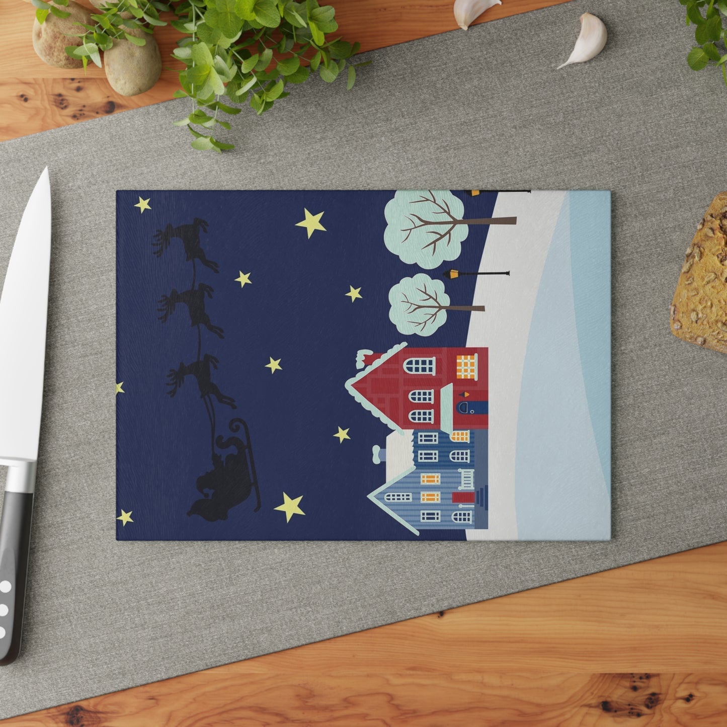 Santa Sleigh over Snowy Village Glass Cutting Board Christmas Kitchen Decor