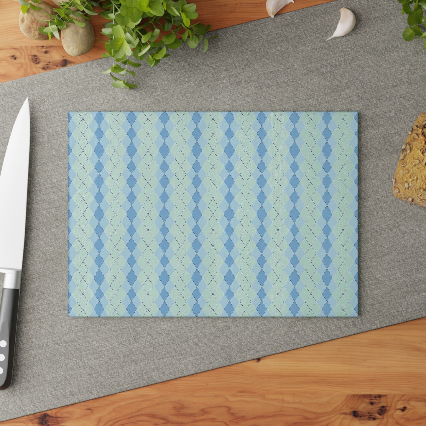 Argyle Pattern Glass Cutting Board — Blue Pastel Kitchen Prep Board