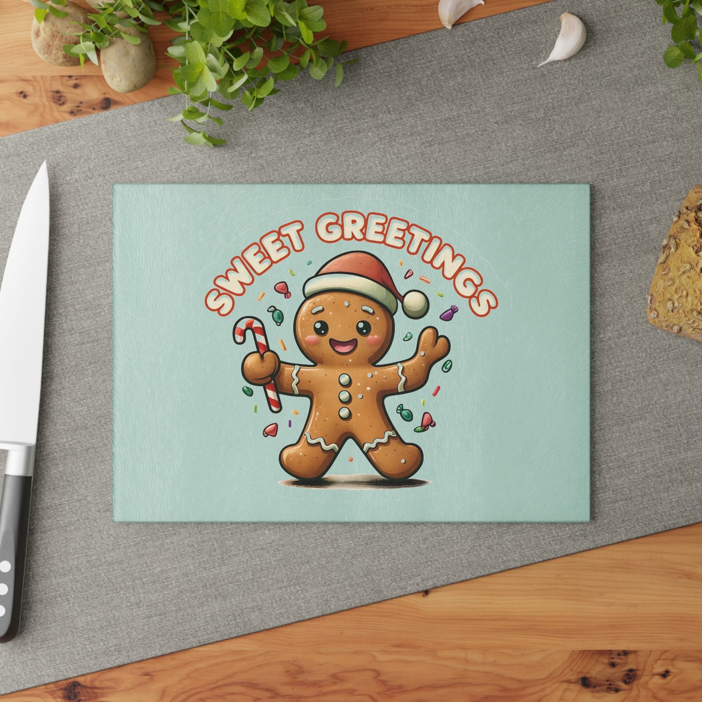Gingerbread "Sweet Greetings" Glass Cutting Board — Festive Holiday Kitchen Decor