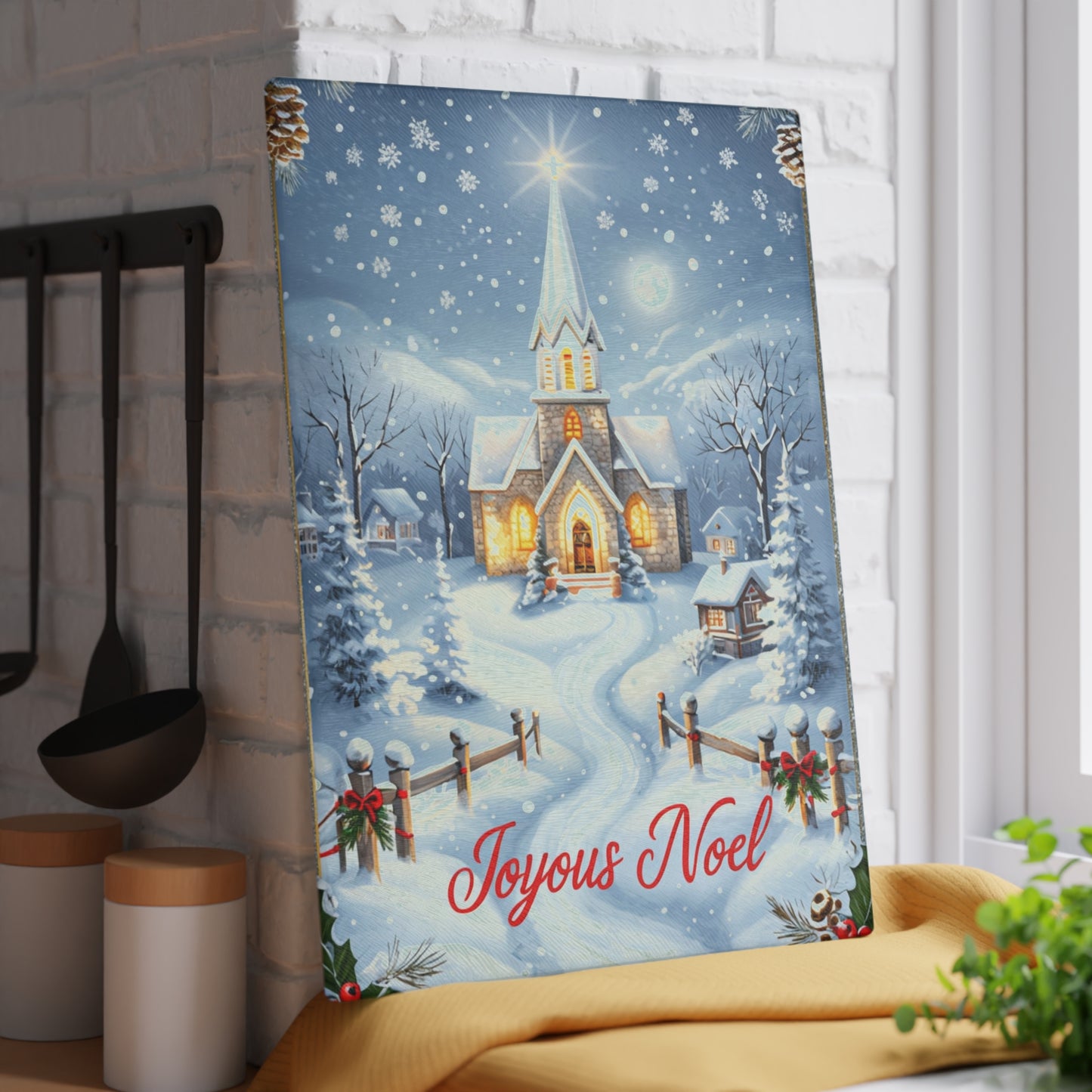 Glass Cutting Board — Joyeux Noël Winter Church Scene Holiday Kitchen Decor