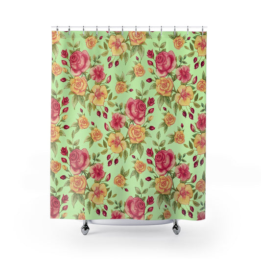 Floral Rose Shower Curtain — Vintage Watercolor Roses on Mint Background