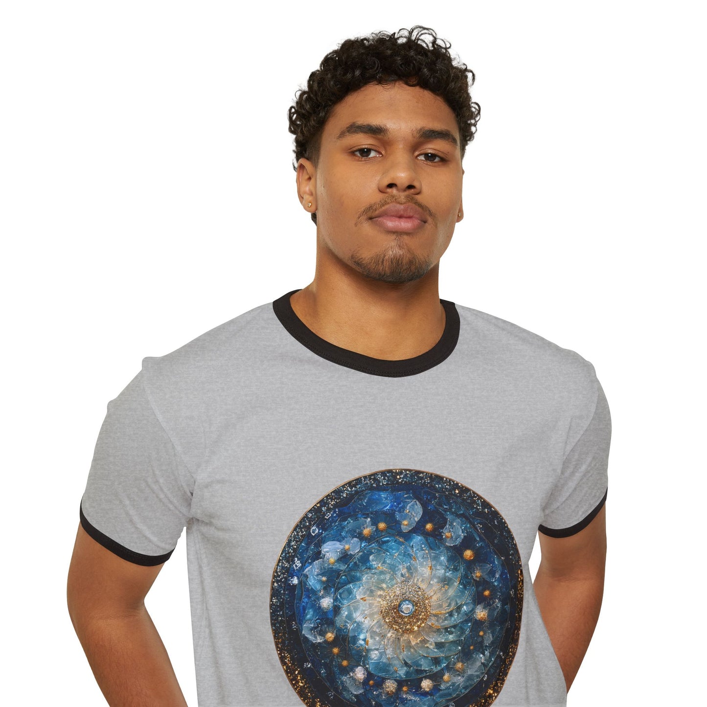 Celestial Mandala Ringer T‑Shirt — Blue Galaxy Circle Art