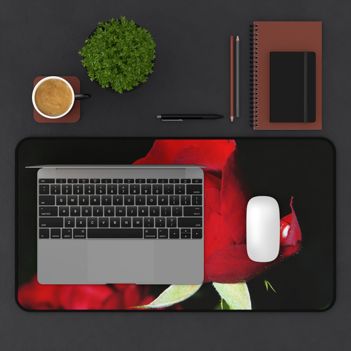 Rose Bloom Desk Mat — Red Rose Floral Mouse Pad for Office & Valentine’s Day