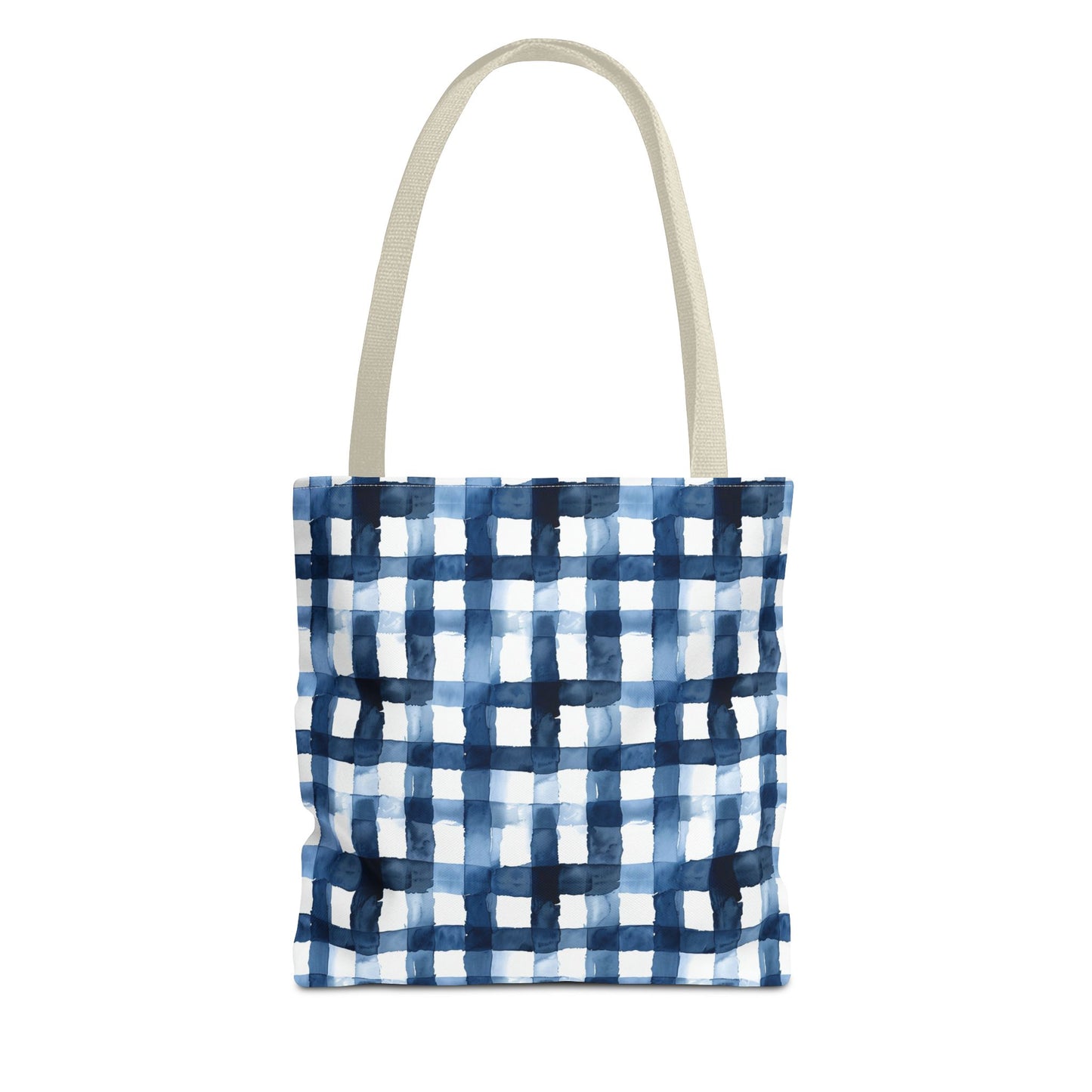 Blue Watercolor Plaid Tote Bag — Navy Check Pattern All-Over Print