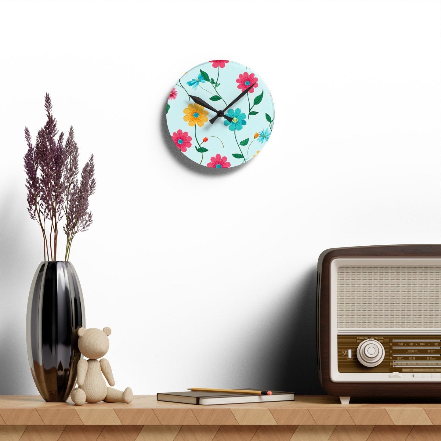 Floral Acrylic Wall Clock — Colorful Spring Daisy Design