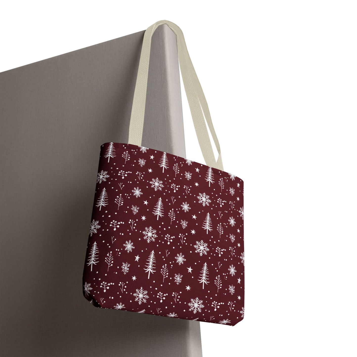 Christmas Snowflake Tote Bag – Burgundy Holiday Patterned Carryall