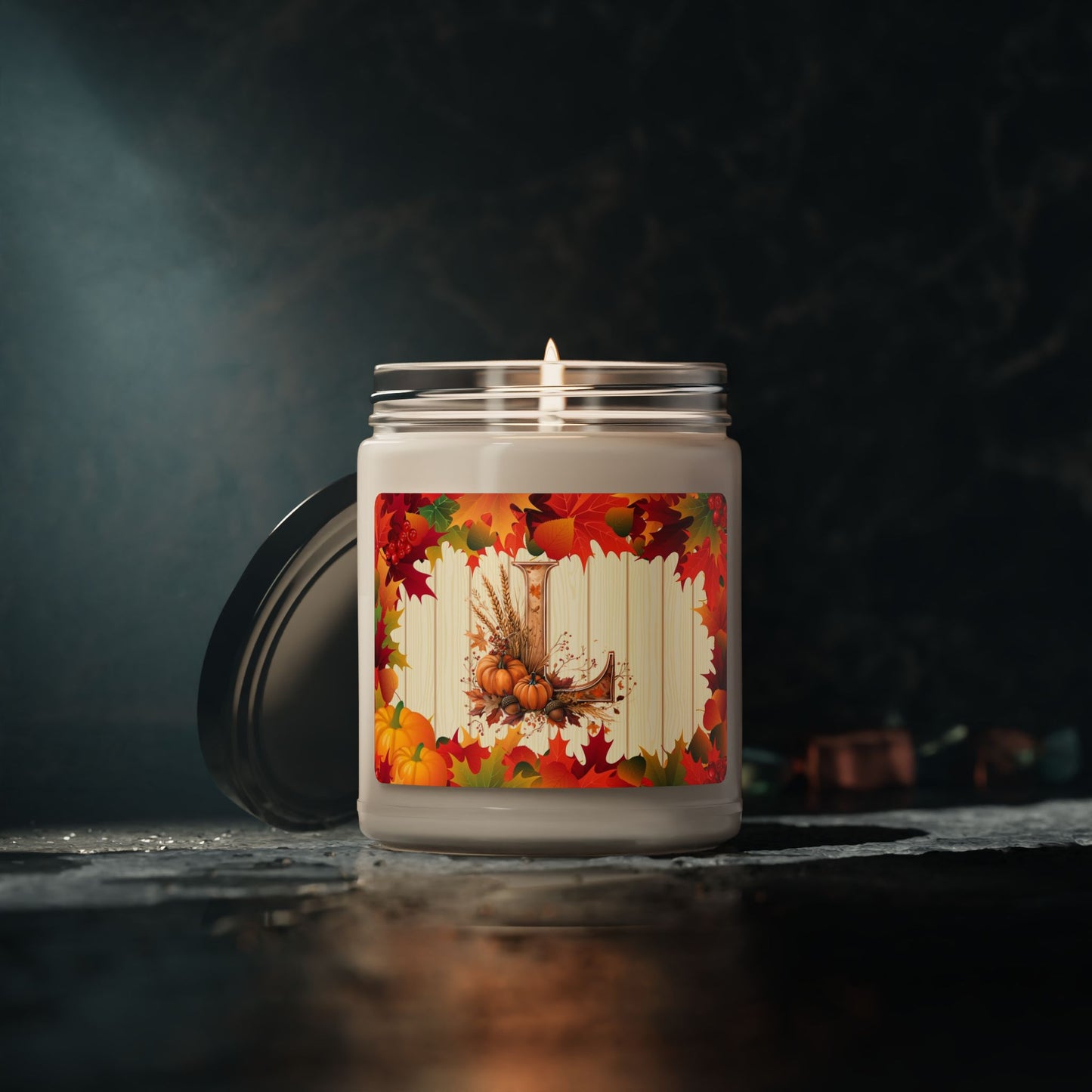 Fall Harvest Soy Candle, 9oz — Autumn Leaves & Cornucopia Scent - Letter L
