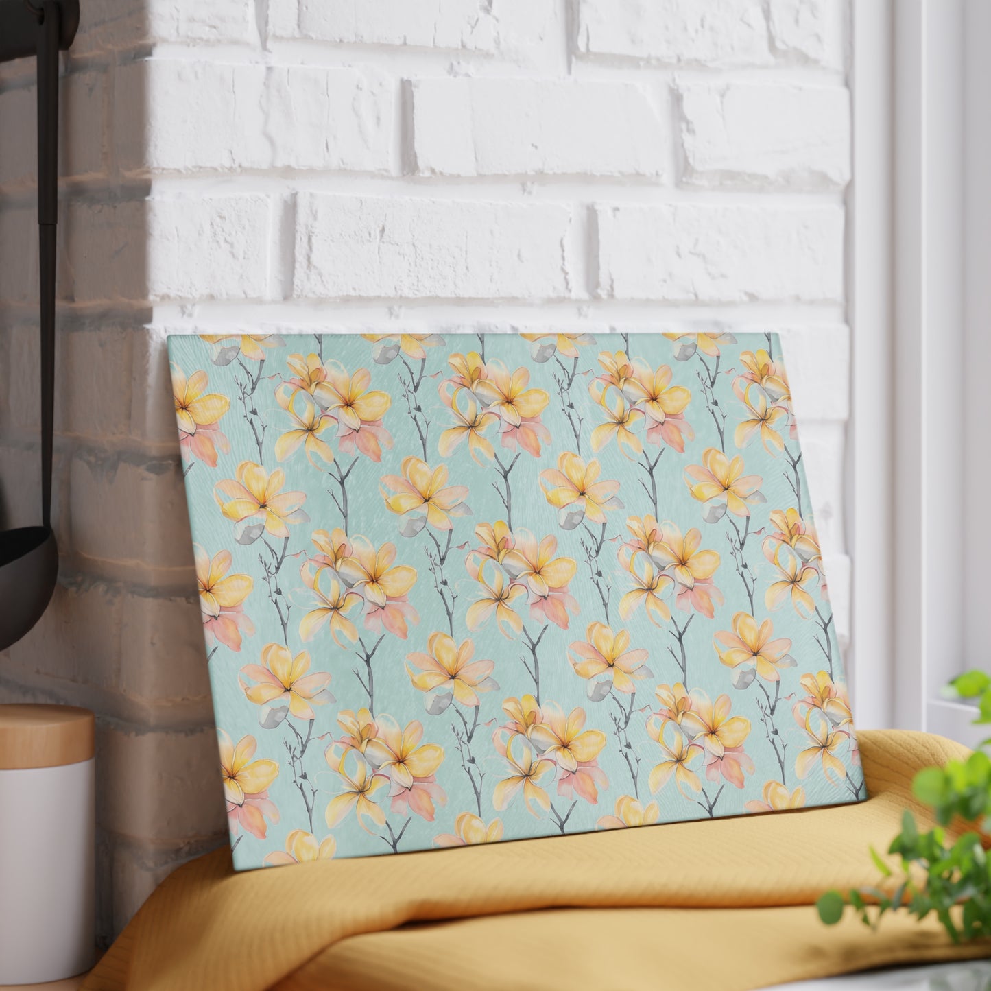 Floral Magnolia Glass Cutting Board — Pastel Yellow Blossom Kitchen Decor