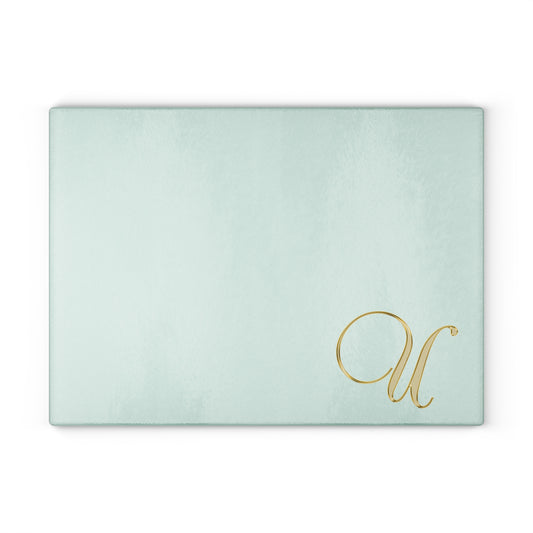Monogram Glass Cutting Board – Mint Aqua with Gold Script Letter U