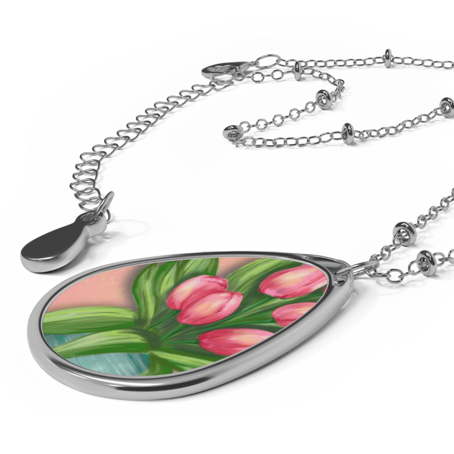 Floral Oval Necklace, Pink Tulip Jewelry, Dainty Pendant Gift for Her, Mother's Day Accessory, Spring Fashion