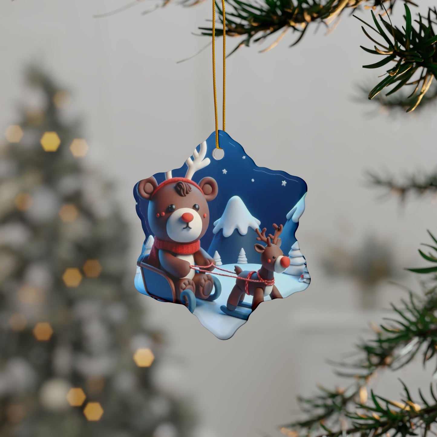 Festive Ceramic Ornaments, Holiday Decor, Christmas Gifts, 2-Sided Print, Cute Bear & Reindeer Design, Tree Decorations, Winter Wonderland