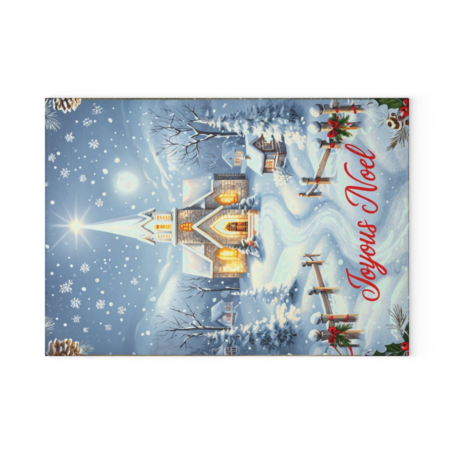 Glass Cutting Board — Joyeux Noël Winter Church Scene Holiday Kitchen Decor