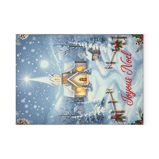 Glass Cutting Board — Joyeux Noël Winter Church Scene Holiday Kitchen Decor