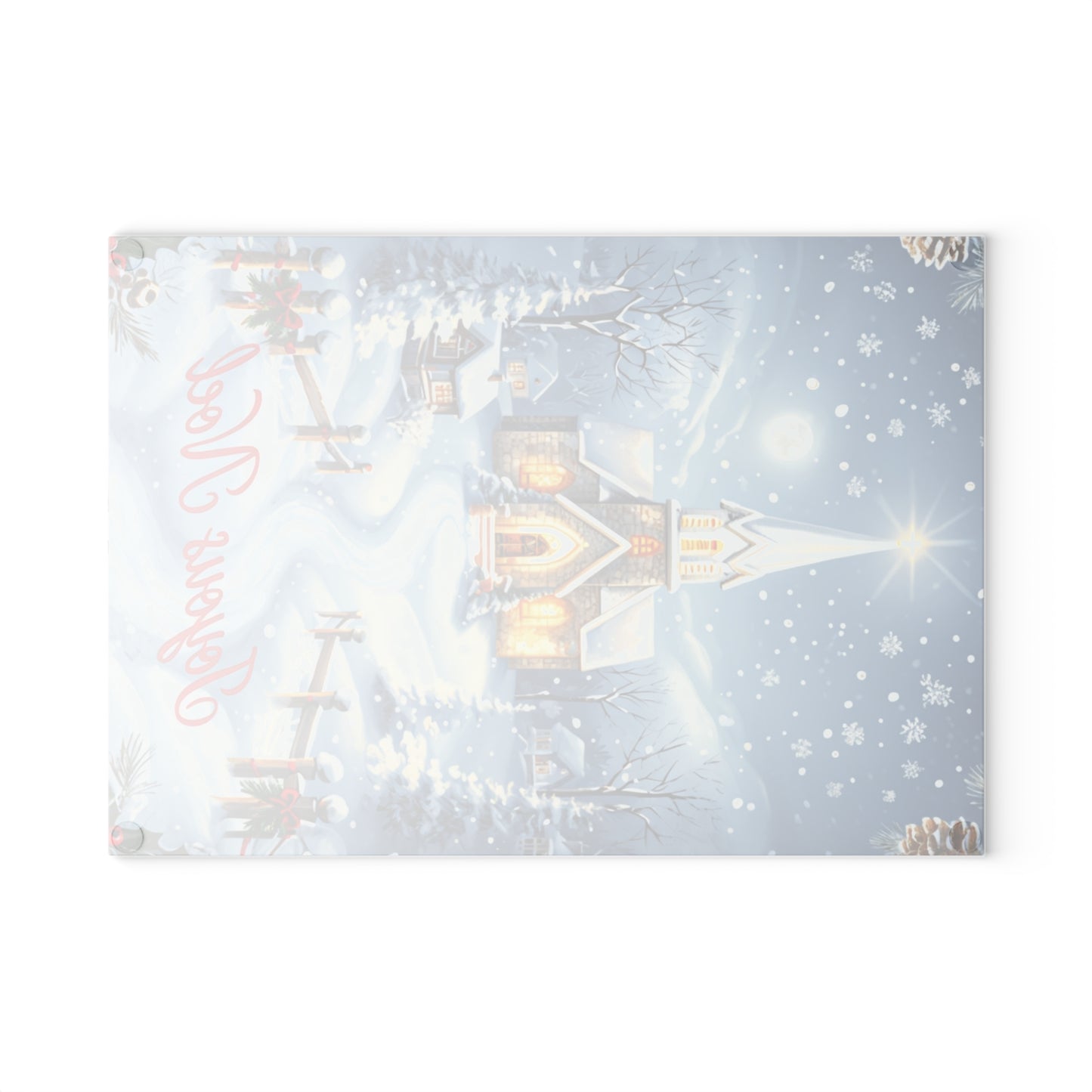 Glass Cutting Board — Joyeux Noël Winter Church Scene Holiday Kitchen Decor