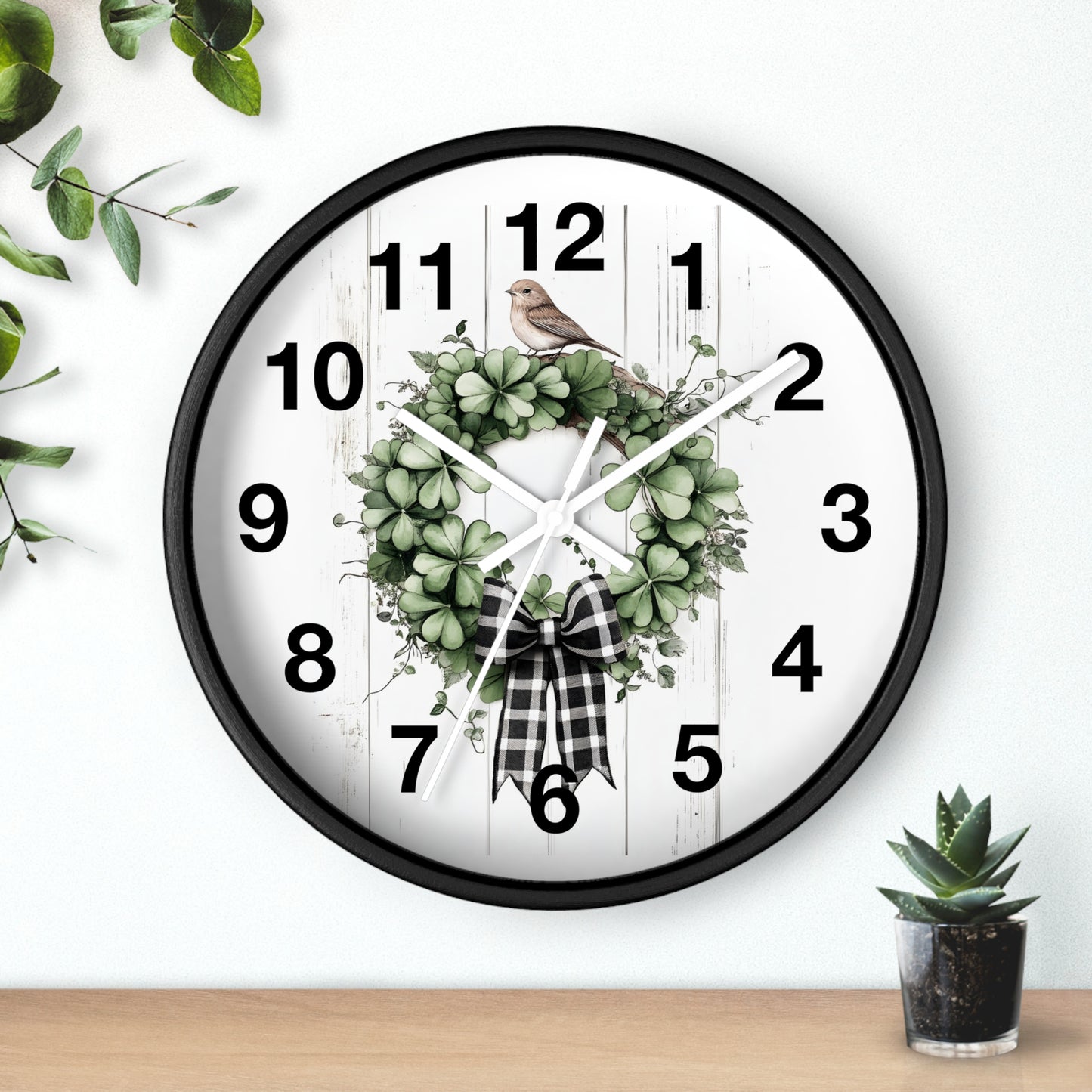 Charming Wreath Wall Clock | Rustic Decor, Bird Lover Gift, Spring Theme, Home Accent, Clovers & Bow