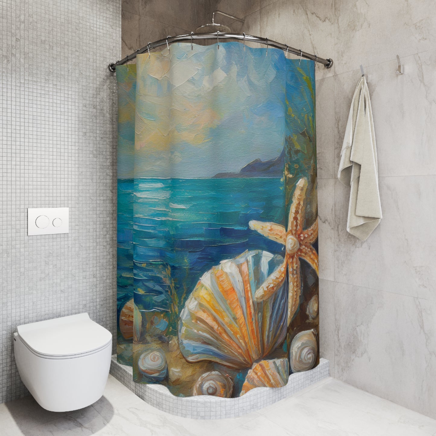 Ocean Seashell Shower Curtain — Coastal Beach Bathroom Decor with Starfish
