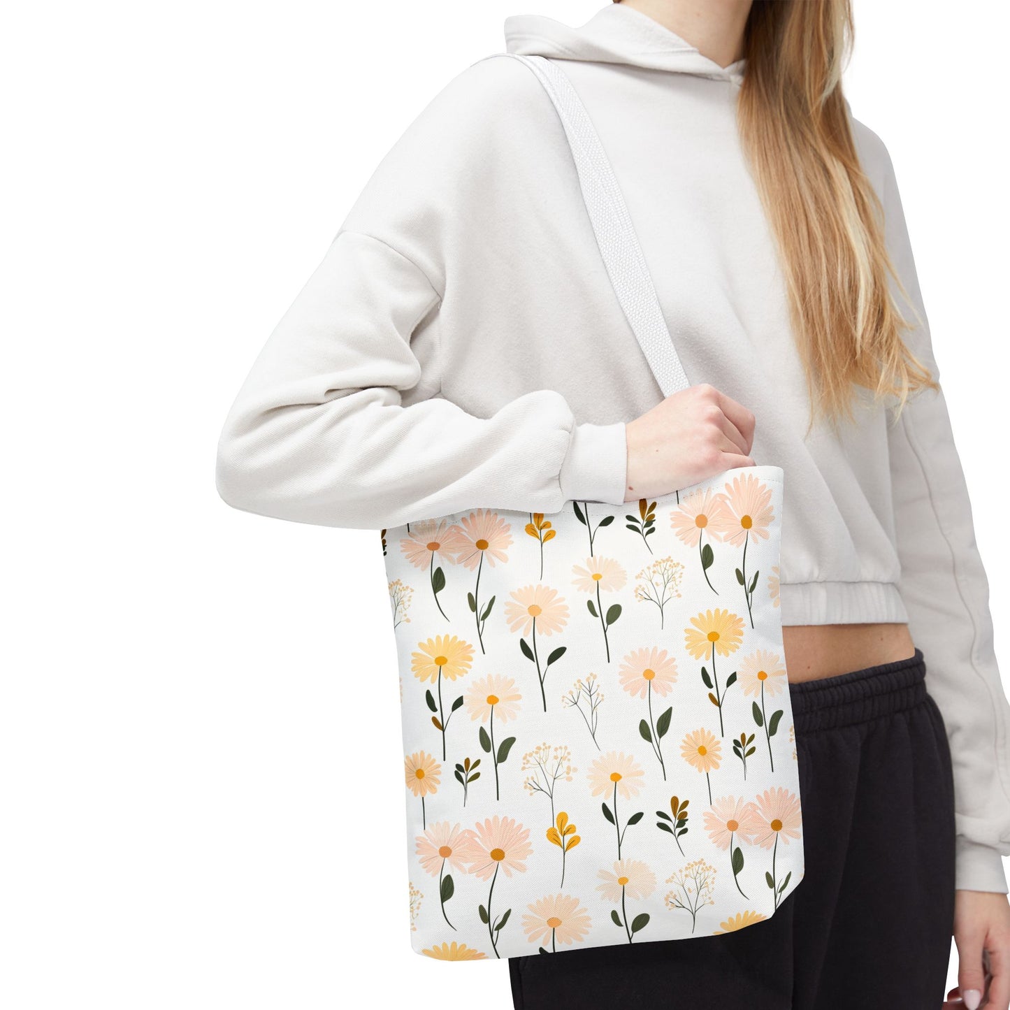Floral Daisy Pattern Tote Bag — Pastel Spring Flowers All-Over Print