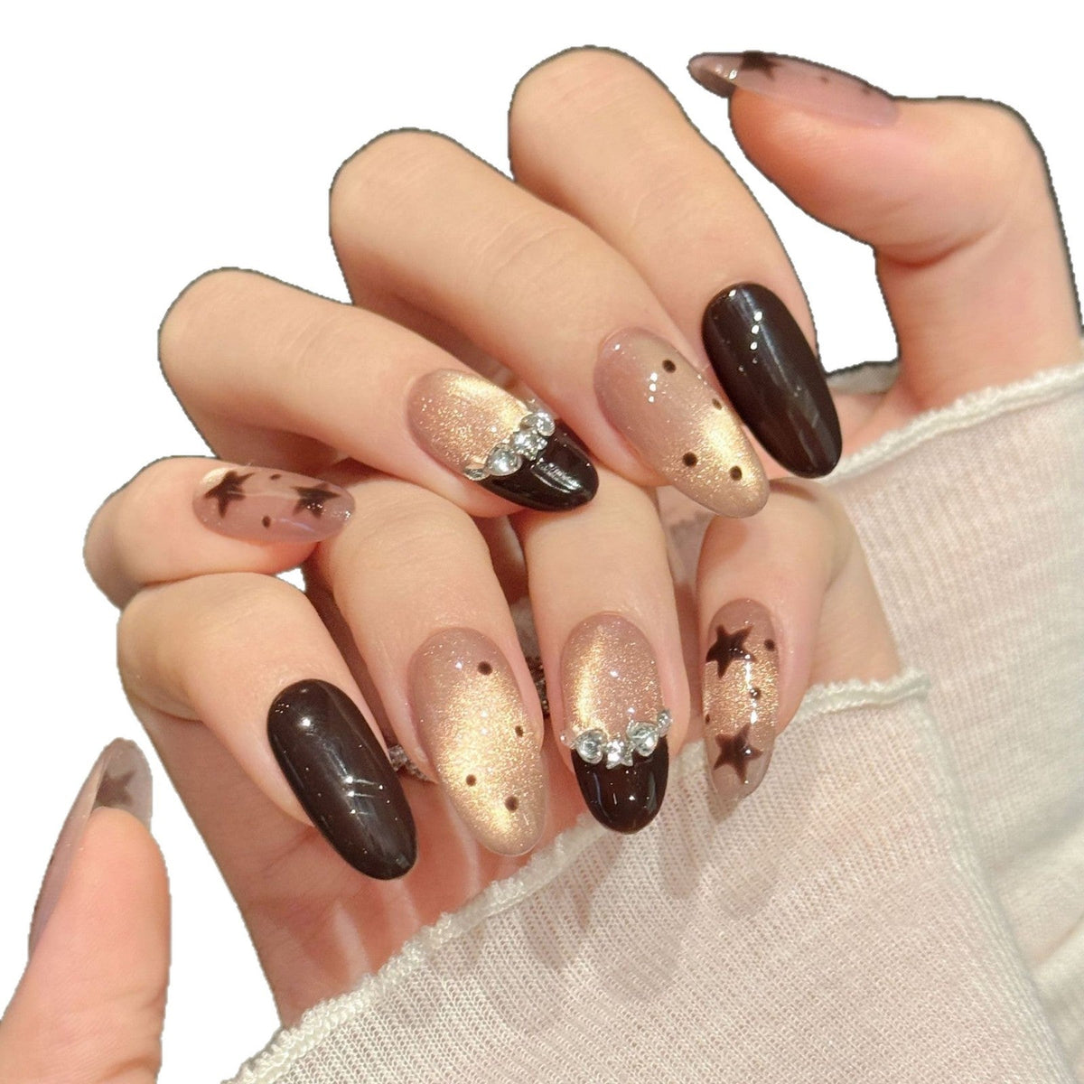 365nails: "Starry Night Glow" – Hand-Painted Stars & Glitter Handmade Almond Nails – Image 4