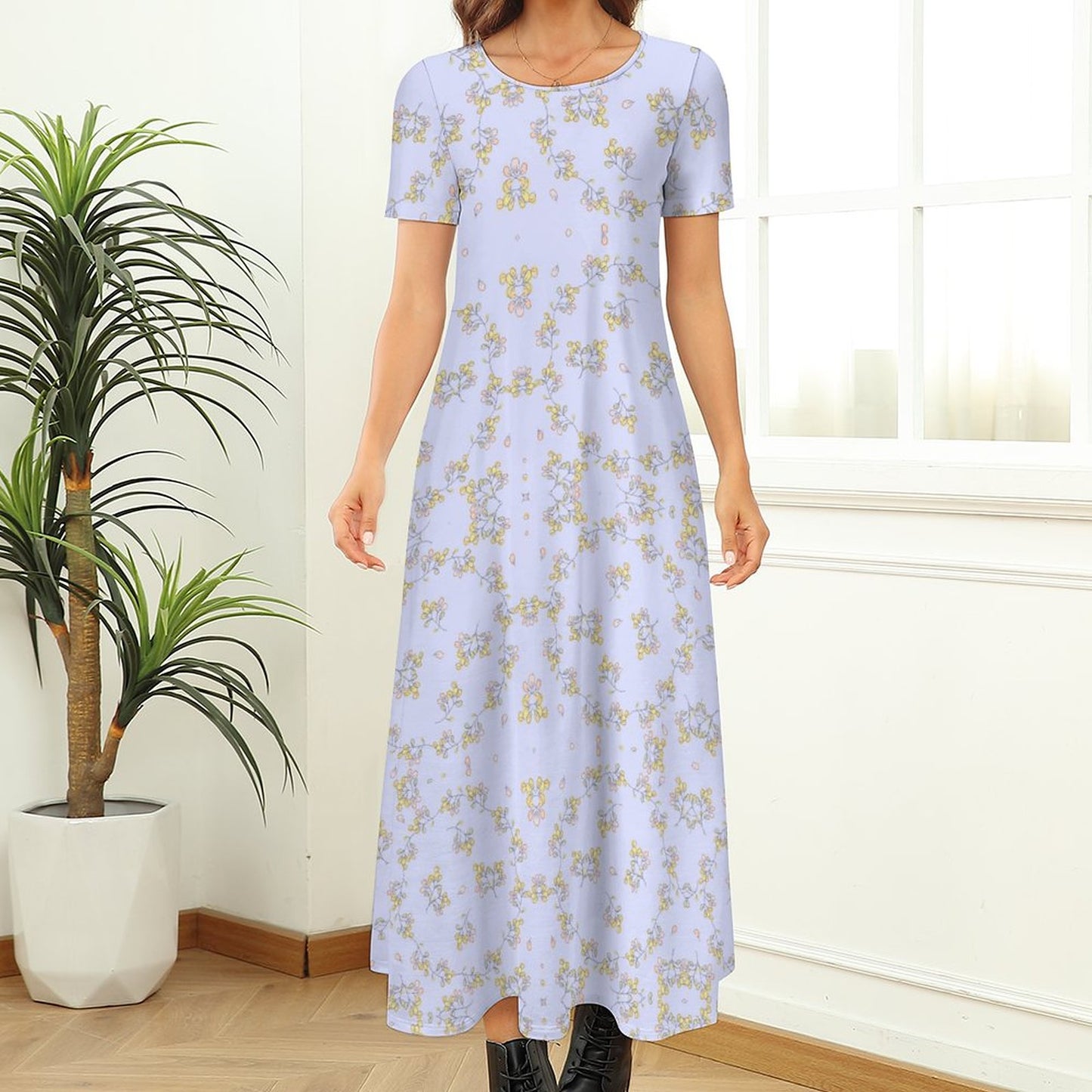 Round Neck Short Sleeve Dress B523 (All-Over Printing)