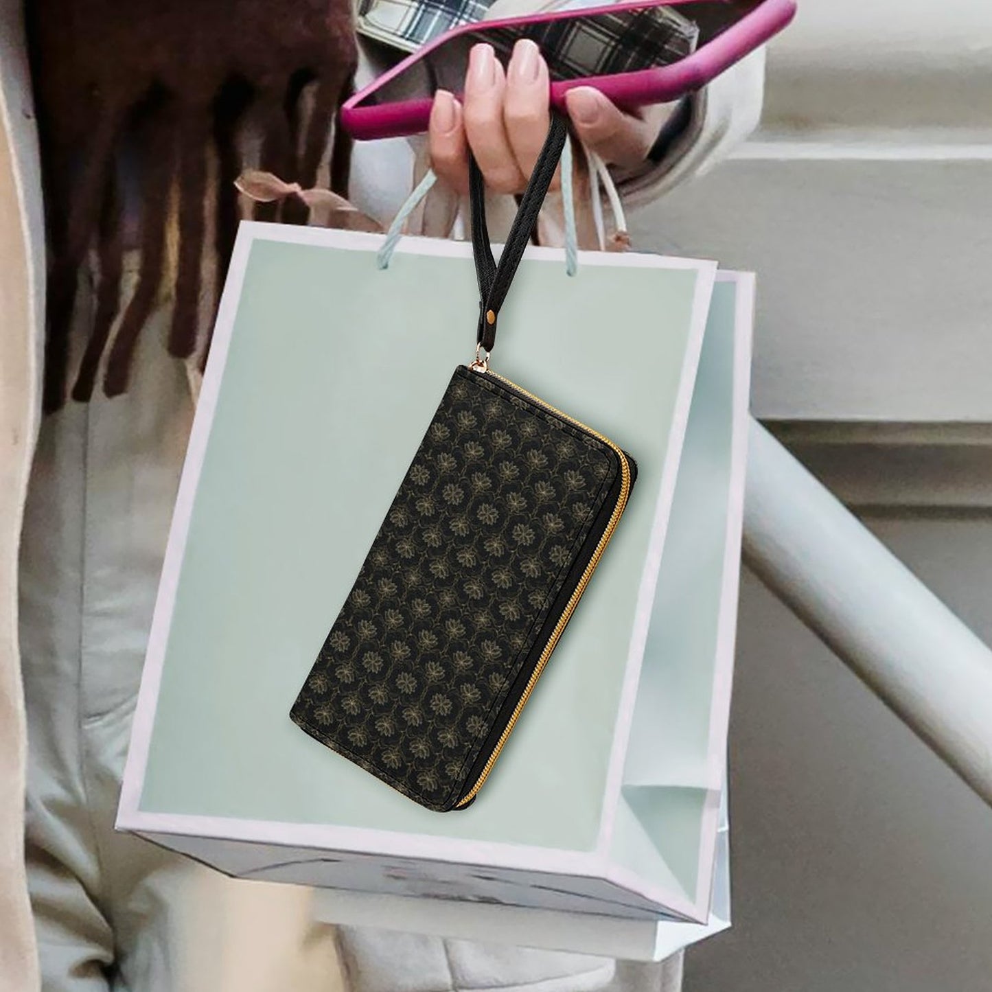 Leather Wallet with Wristlet Strap (2 Pictures on 2 Sides)