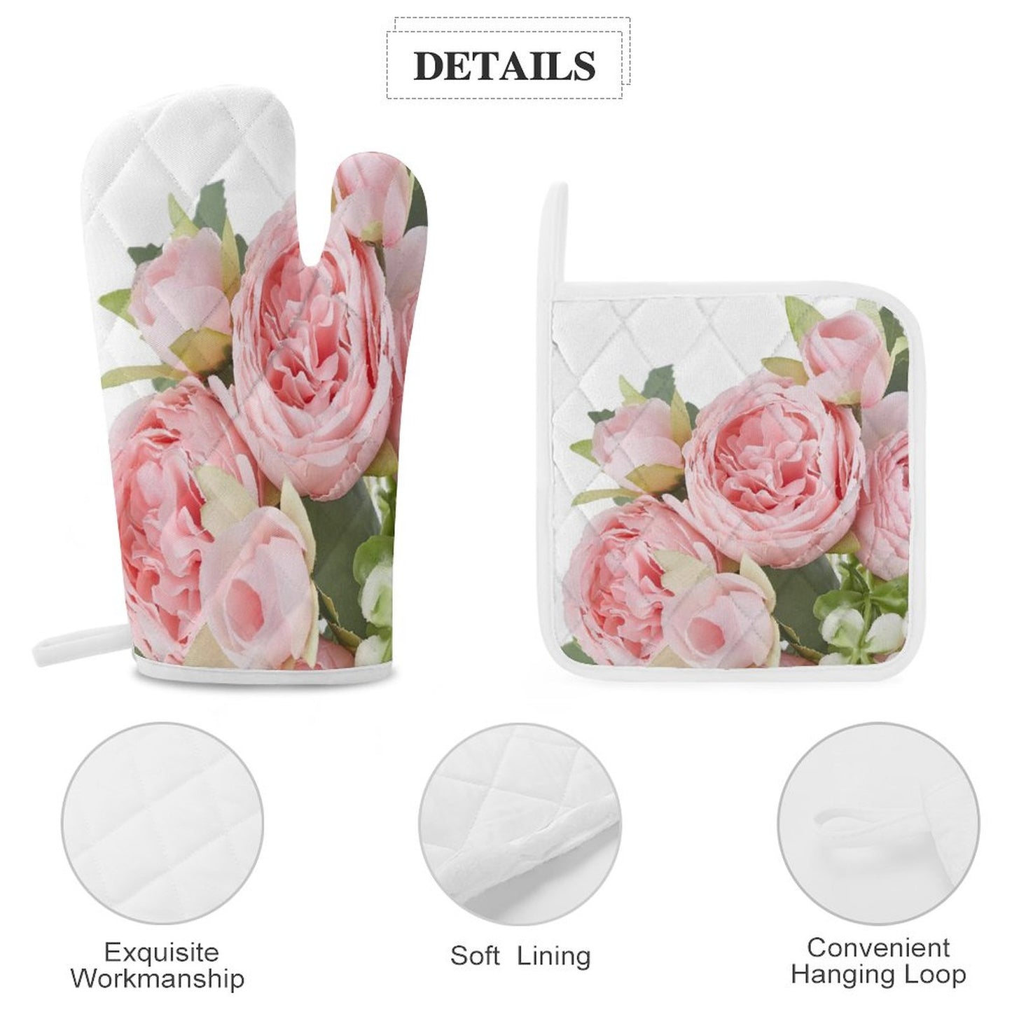 Oven Mitts & Pot Holder Set of 3 Pink flowers