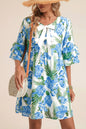 Sky Blue Palm Floral Print Contrast Ribbon Knot Ruffle Tiered Sleeve Mini Dress