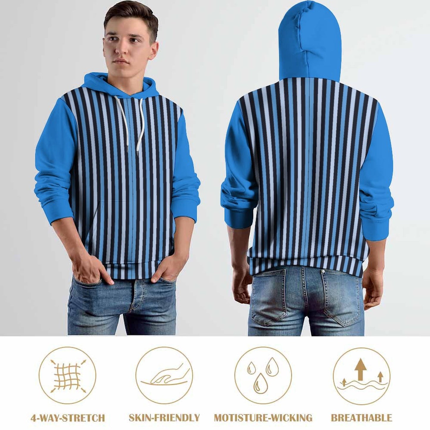 Men's Cool Hoodie with Double-layer Cap Blue Stripes