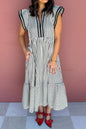 Black Stripe Plus Size Slit V Neck Tiered Flutter Sleeve Maxi Dress