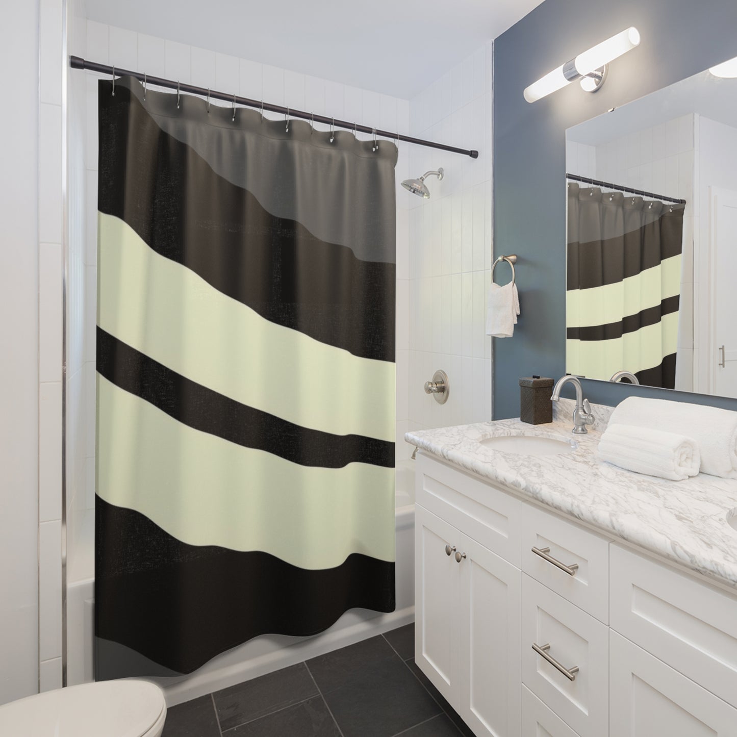 Modern Black & Cream Wave Shower Curtain — Minimal Bathroom Décor
