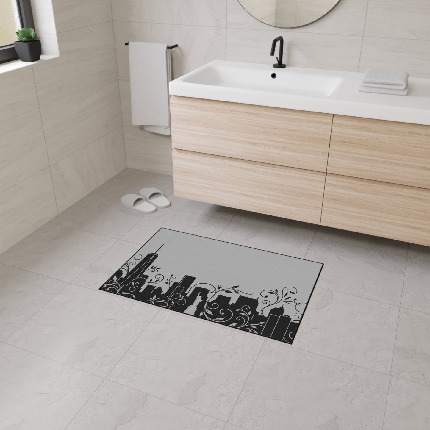 City Skyline Heavy-Duty Floor Mat — Black Urban Floral Door Rug