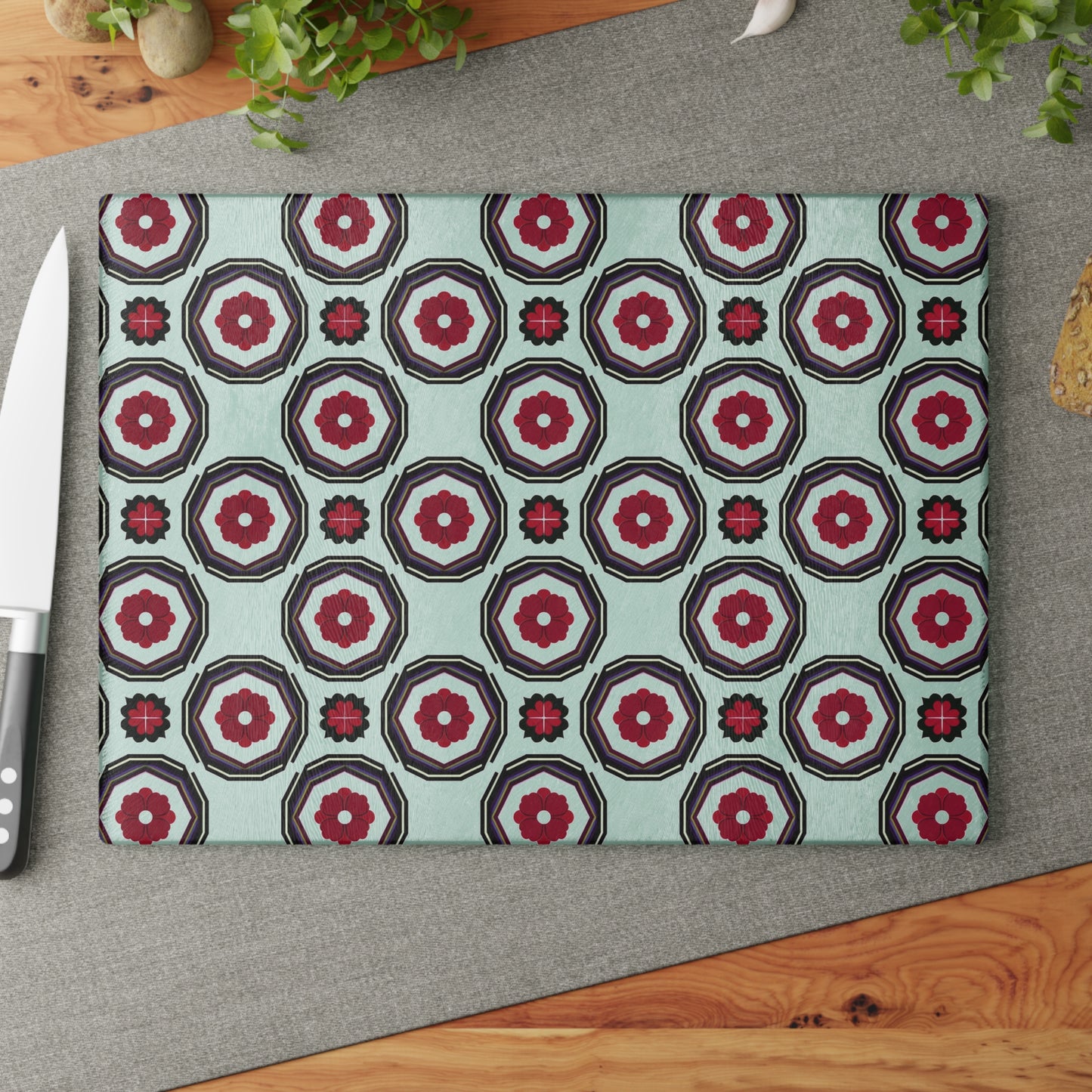 Retro Geometric Glass Cutting Board — Mint & Burgundy Pattern