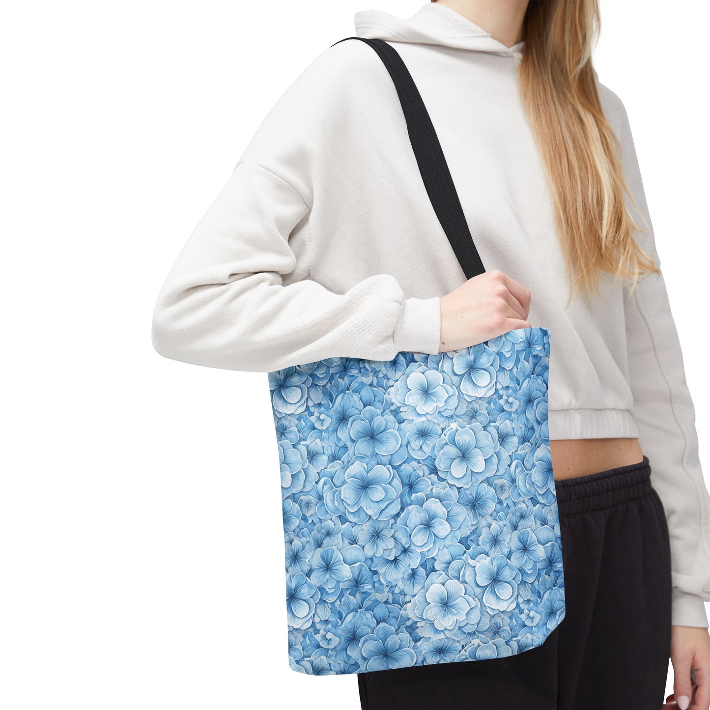 Blue Watercolor Floral Tote Bag — Reusable Flower Pattern Shopper