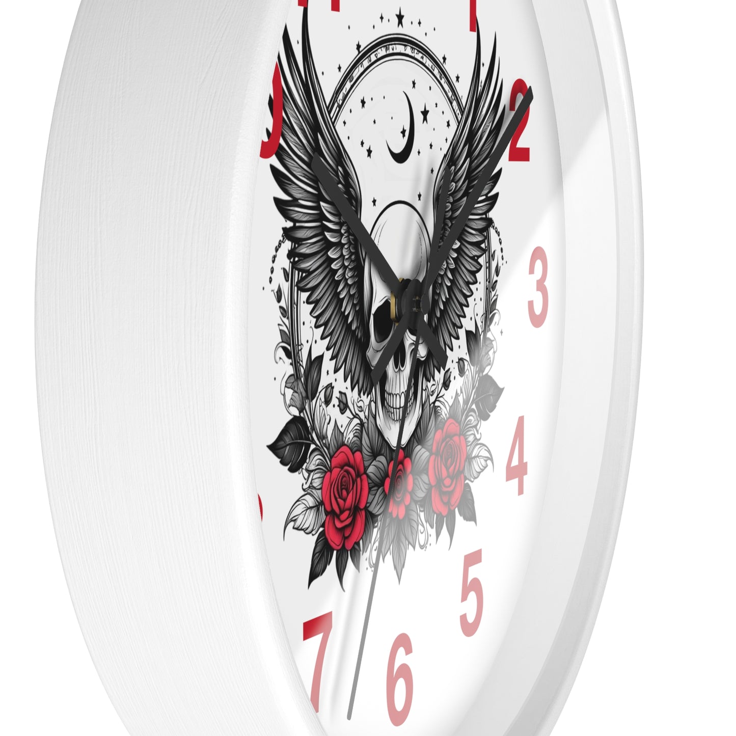 Winged Skull with Red Roses Wall Clock | Gothic Moon Skull Clock