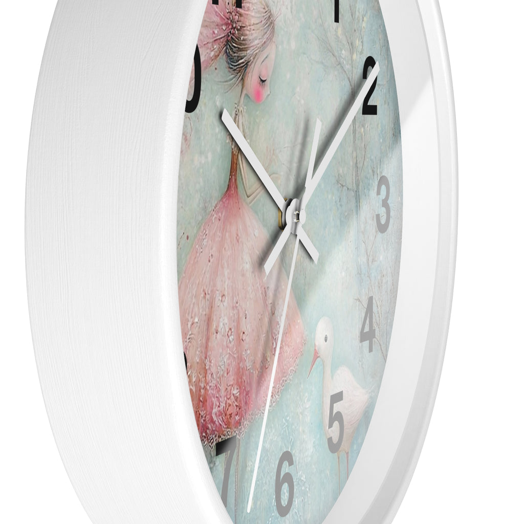 Whimsical Girl & Swan Wall Clock — Pastel Nursery Decor