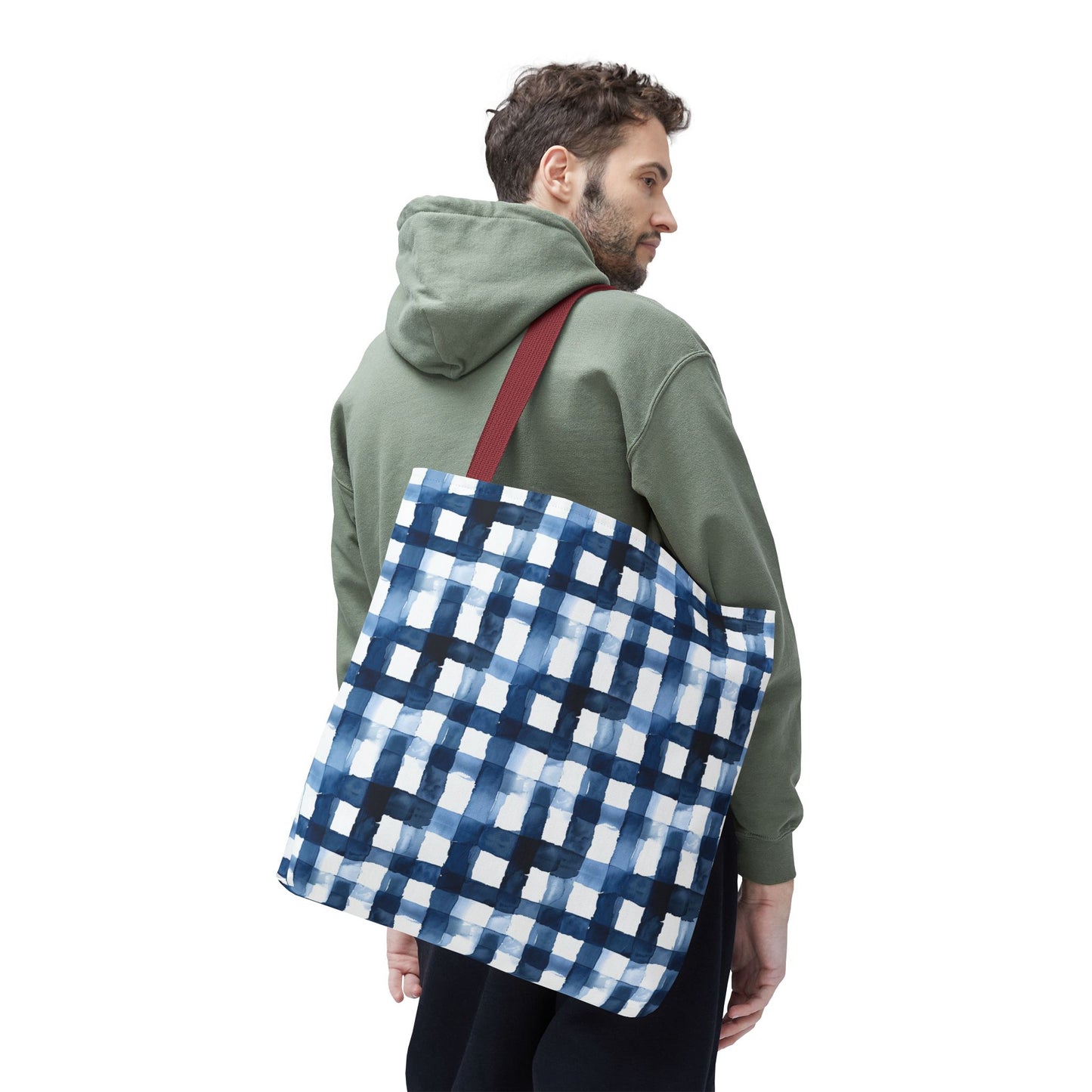 Blue Watercolor Plaid Tote Bag — Navy Check Pattern All-Over Print