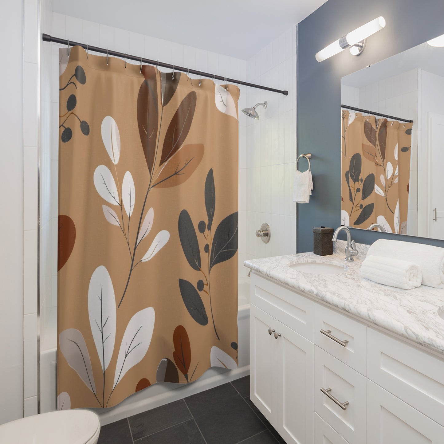Botanical Brown Leaf Shower Curtain — Neutral Autumn Floral Bath Decor