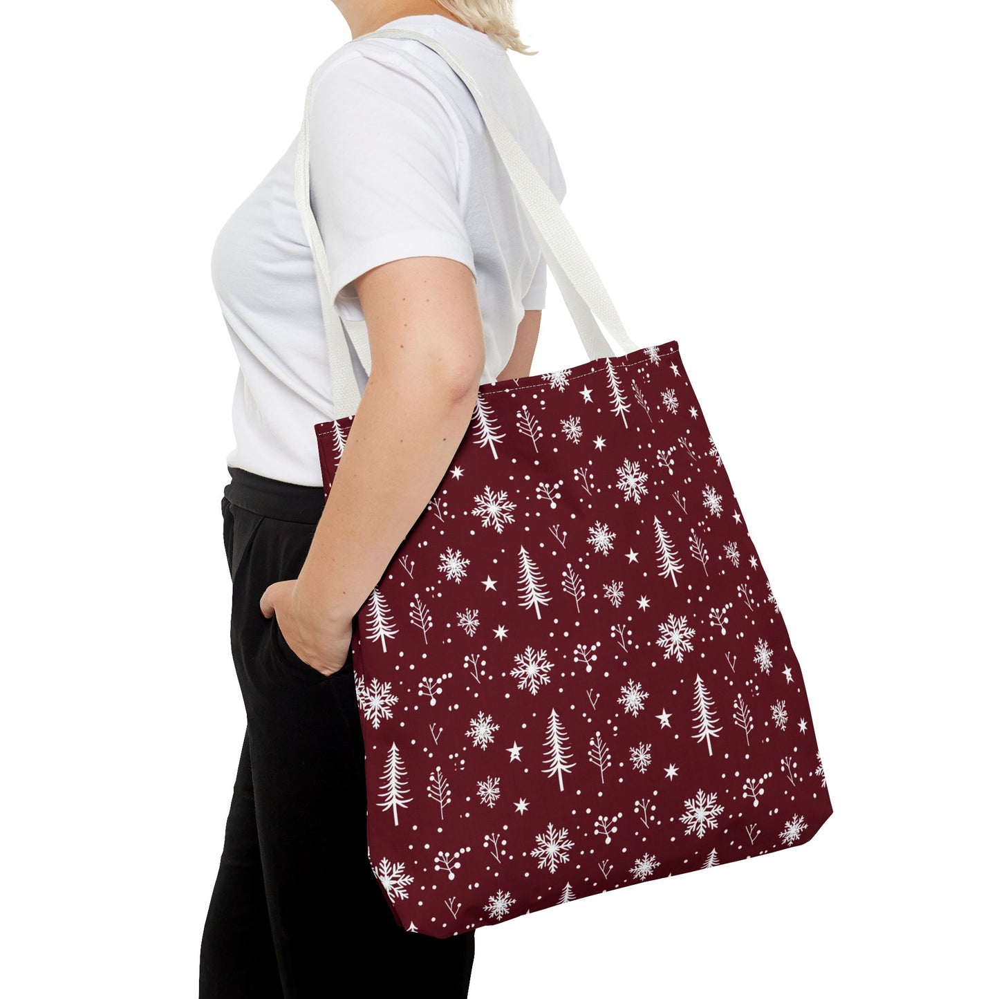 Christmas Snowflake Tote Bag – Burgundy Holiday Patterned Carryall